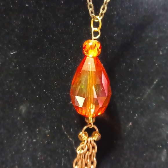 Gold tassel pendant necklace golden bead amber glass honey orange chain handmade - Picture 6 of 7